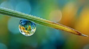 Ein Wassertropfen an einem Grashalm als Symbolbild für Emotionsregulation und emotionale Selbstregulation.