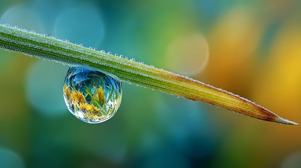 Ein Wassertropfen an einem Grashalm als Symbolbild für Emotionsregulation und emotionale Selbstregulation.
