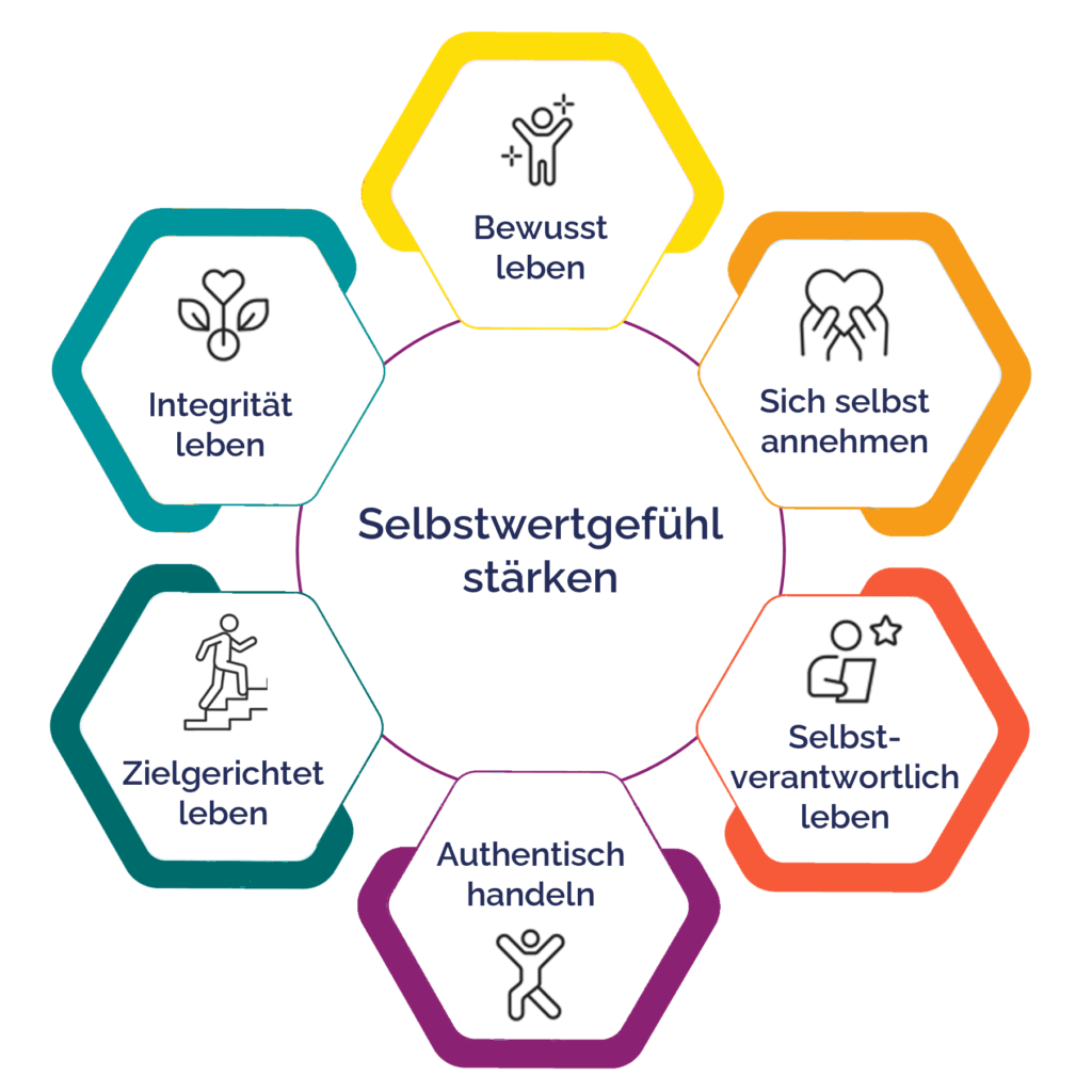 Das Diagramm der Selbstwert-Blüte mit seinen 6 Blütenblättern zur Stärkung des Selbstwertgefühls