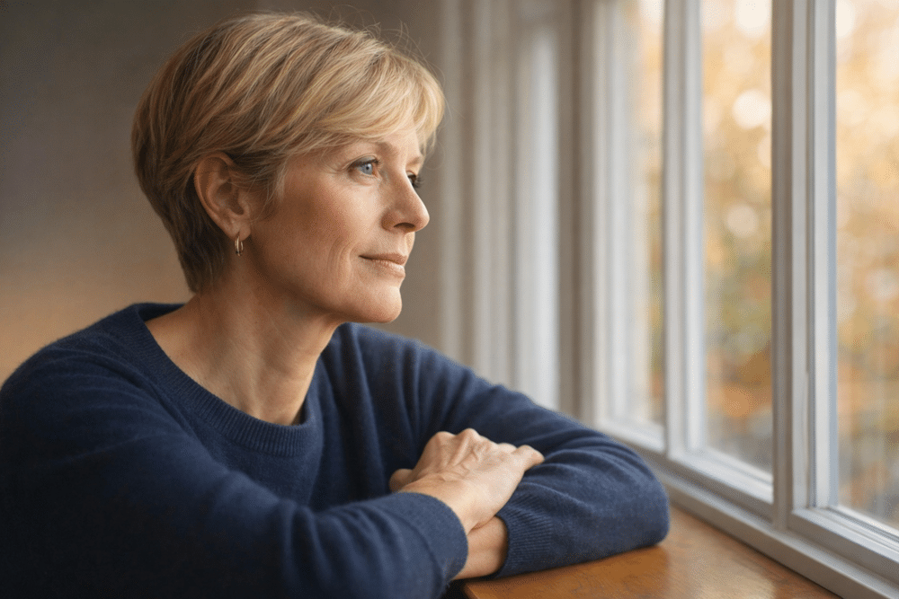Nachdenkliche Frau schaut aus dem Fenster als Symbol für das Thema Überverantwortung verändern