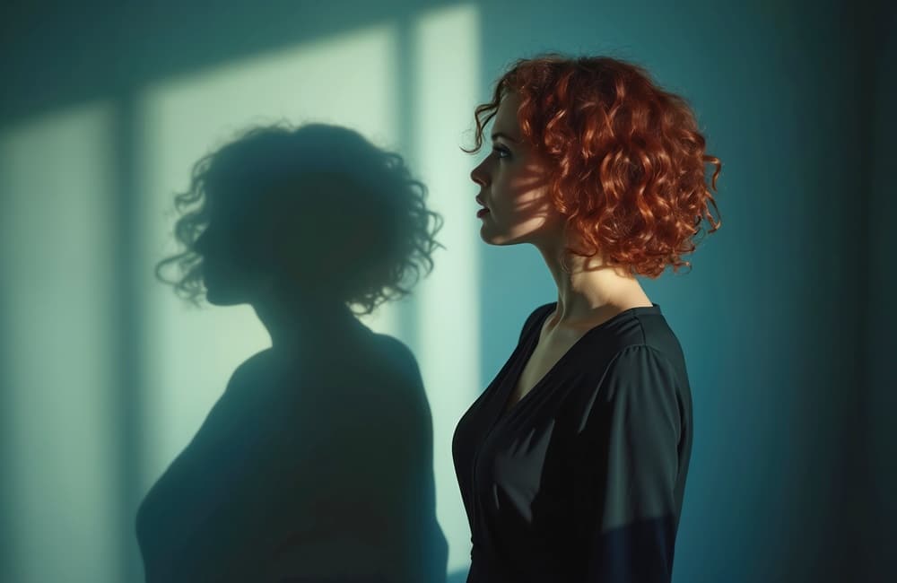 Eine junge Frau schaut ihren Schatten an der Wand an als Symbol für den inneren Kritiker