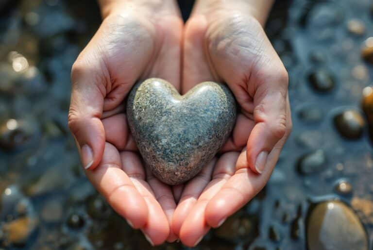 Hände halten einen herzförmigen Stein.